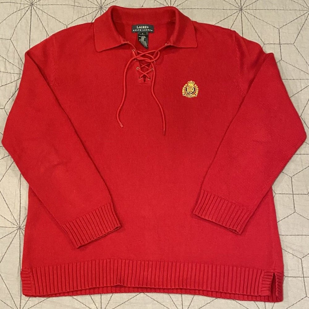 Lauren Ralph Lauren Red Gold Crest Cotton Sweater Womens L Collared Lace Neck